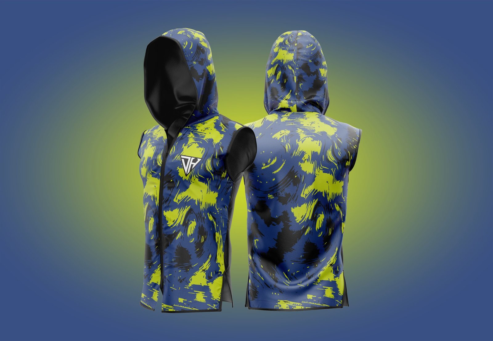 Men’s Blue & Neon Yellow Sleeveless Hoodie – Athletic Gym Vest | Hooded Workout Tank Top | Bodybuilding Training Hoodie