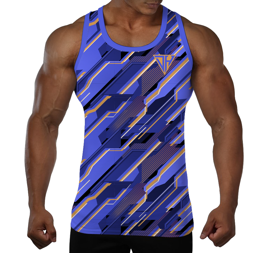 Men’s Blue Geometric Performance Tank Top – Breathable Gym & Training Sleeveless Shirt