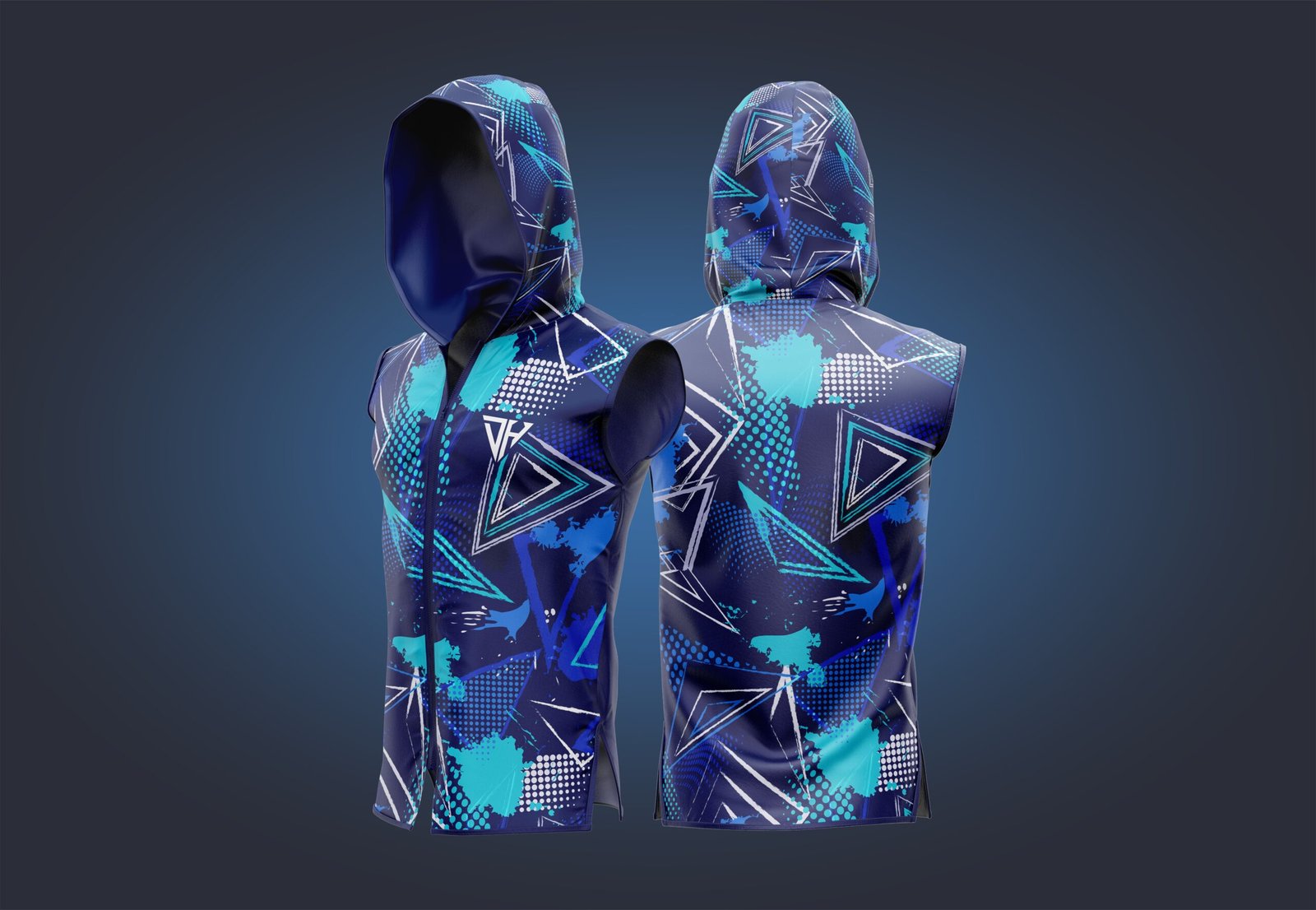 Men’s Blue Geometric Sleeveless Hoodie – Athletic Gym Vest | Hooded Workout Tank Top | Bodybuilding Fitness Training Hoodie